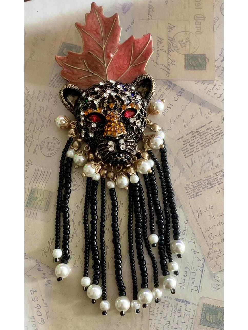 Maximalist Rhinestone Panther Head Enamel Leaf Brooch Beaded Fringe Pin